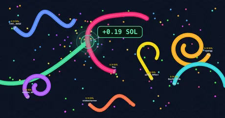 Glowing snakes crossing a dark arena, one taking a kill